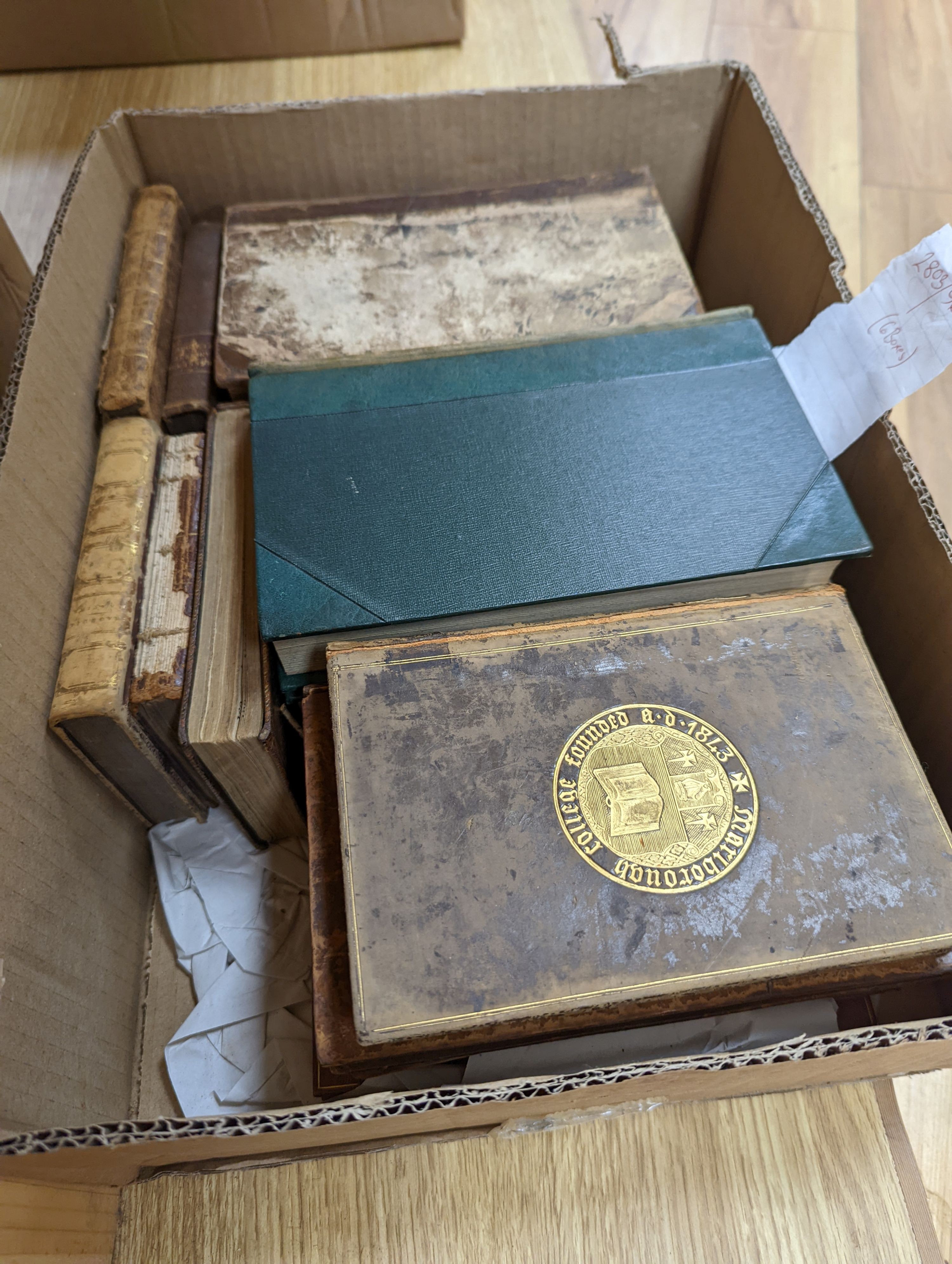 Old Leather - a quantity of antiquarian volumes, various dates and bindings, approx. 90 in total, in 6 boxes.